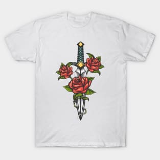 Dagger Knife and Rose Flowers Drawn in Tattoo Style T-Shirt